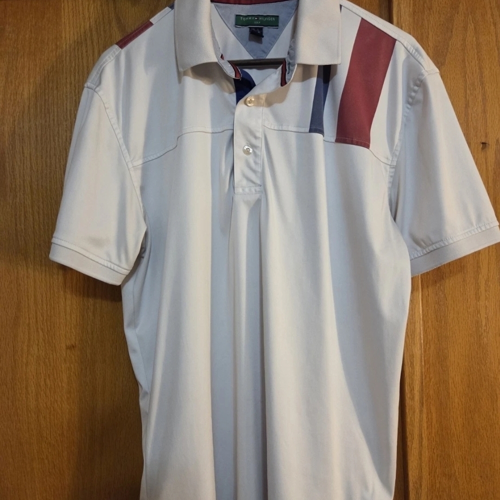 Tommy Hilfiger Golf Preformance White Striped Polo‎ Short Sleeve Shirt Size L